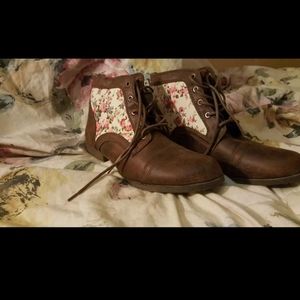 Floral Lace up Leather Booties